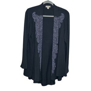Live And Let Live Woman 1X Black Gray Embellished Paisley Print Cardigan Sweater